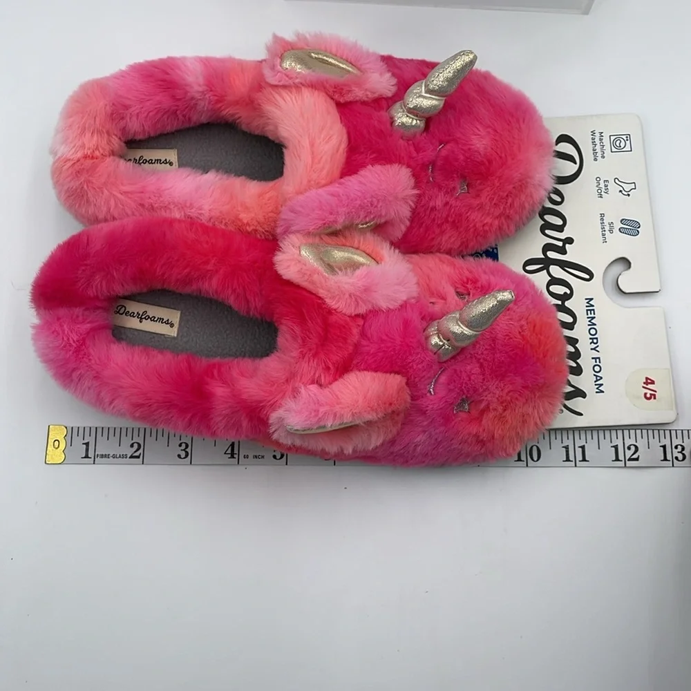 Kids‎ Dearfoams Memory Foam Unicorn Multi Colored Pink Slippers - 4/5